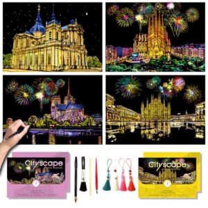 Scratch Art for Adults-Scratch Painting Craft Kit (4 Sheets 16x11 in)|Foil Engraving Art Set|Stress Relief Gift for Travel Lovers,Craft Lovers|Creative Scratch Art Home Decor(City Scape 4)