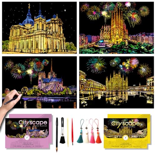 Scratch Art for Adults-Scratch Painting Craft Kit (4 Sheets 16x11 in)|Foil Engraving Art Set|Stress Relief Gift for Travel Lovers,Craft Lovers|Creative Scratch Art Home Decor(City Scape 4)