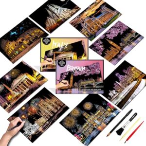 Scratch Art for Adults,8 Sheets A4 Rainbow Scratch Painting with Original City Landmarks,DIY Craft Art Set,Stress Relief Gift for Travel and Craft Lovers,Framable Wall Art Decor(Europe Series 2)