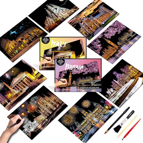 Scratch Art for Adults,8 Sheets A4 Rainbow Scratch Painting with Original City Landmarks,DIY Craft Art Set,Stress Relief Gift for Travel and Craft Lovers,Framable Wall Art Decor(Europe Series 2)