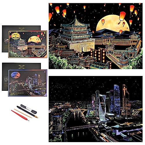 Scratch Art for Adults,Rainbow Scratch Painting Craft Kit 16x11 Inch,Foil Engraving Set,DIY Landmark Art,Stress Relief Gift for Travel & Craft Lovers,Creative Home Decor(Ancient China&Moscow CBD)