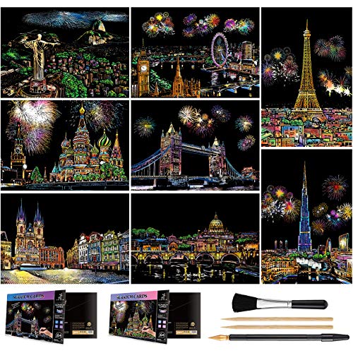 Scratch Art for Kids & Adults, Rainbow Engraving Painting Landscape Scratchboard(A4) Crafts Set: 8 Sheets 4 tools - Fireworks, Big Ben, Tower Bridge, Cristo Redentor, Ferris Wheel(Landmark Building)