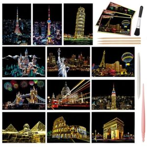 Scratch Art Paper, 12 Sheets Scratch Cards & Scratch Drawing Pen, Brush, Rainbow Night View Scratchboard Pads for Adults and Kids, Mini Envelope Postcard Art & Crafts Set, 7.9"x5.5", Building Series