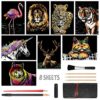 Scratch Art Paper(A4) for Teen & Adults, Rainbow Painting Night View Scratchboard, Art Craft, Crafts Set: 8 Sheets Scratch - Unicorn/Flamingo/Cat/Deer/Tiger/Leopard/Lion/Wolf & 6 Tools (Animal World)