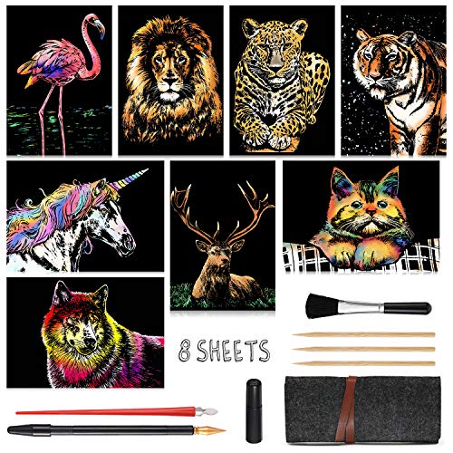 Scratch Art Paper(A4) for Teen & Adults, Rainbow Painting Night View Scratchboard, Art Craft, Crafts Set: 8 Sheets Scratch - Unicorn/Flamingo/Cat/Deer/Tiger/Leopard/Lion/Wolf & 6 Tools (Animal World)