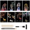 Scratch Art Paper, Rainbow Night View Scratchboard for Adults & Kids, Mini Envelope Postcard Art & Crafts Set: 8 Sheets Scratch Cards & Scratch Drawing Pen, Brush 7.9"x5.5" (Artistic Girl & Animal)