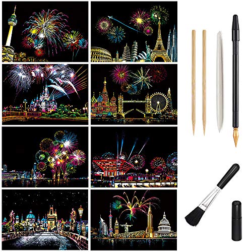 Scratch Art Paper, Rainbow Night View Scratchboard Pads for Adults and Teens, Mini Envelope Postcard Art & Crafts Set: 8 Sheets Scratch Cards & Drawing Pen, Clean Brush 7.9"x5.5"(Fireworks/Building)