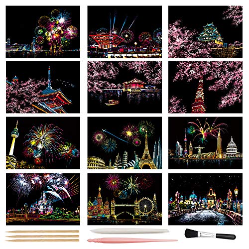 Scratch Art Paper, Rainbow Night View Scratchboard Pads for Adults and Teens, Mini Envelope Postcard Art & Crafts Set: 12 Sheets Scratch Cards & Scratch Drawing Pen, Brush 7.9"x5.5" (Fireworks Series)