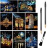 Scratch Art Rainbow Holographic Paper - 8 Pcs Ancient City & Starry Castle Scratch Painting Kit Engraving Craft Color Pads for Adults and Teens with 3 Tools, Detachable Bookmark Scratchboard Large A3