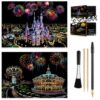 Scratch Art Rainbow Painting Paper 16'' x 11.2'' Sketch Pad Night View Scratchboard for Teens & Adults, Engraving & Craft Set, Scratch Painting Gift, 2 Pack with 6 Tools (Castle - Amusement Park)