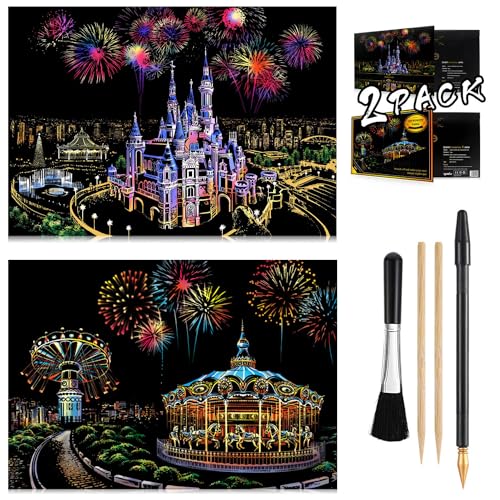 Scratch Art Rainbow Painting Paper 16'' x 11.2'' Sketch Pad Night View Scratchboard for Teens & Adults, Engraving & Craft Set, Scratch Painting Gift, 2 Pack with 6 Tools (Castle - Amusement Park)