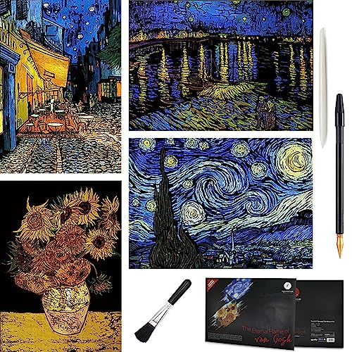 Scratch Art Rainbow Painting Paper, 4Pcs Vincent Van Gogh Engraving Art & Craft Set, DIY Sketch Card Scratchboard for Teens & Adults, Cafe Terrace at Night, Sunflowers, Starry Night Over the Rhone(VG)