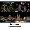Scratch & Sketch Art for Kids & Adults, Rainbow Painting Night View Scratchboard(A4), Art & Craft, 4 Sheets Scratch Cards & Drawing Pen, Clean Brush (Beautiful City)