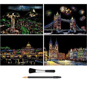 Scratch & Sketch Art for Kids & Adults, Rainbow Painting Night View Scratchboard(A4), Art & Craft, 4 Sheets Scratch Cards & Drawing Pen, Clean Brush (Beautiful City)