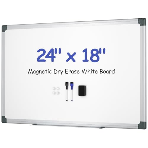 SCRIBANX Magnetic White Board for Wall, 24" x 18" Dry Erase Board Kit with 2 Magnetic Markers, 4 Magnets, Eraser, Pen Tray & Mounting Kit - White Boards for Home, Office,School