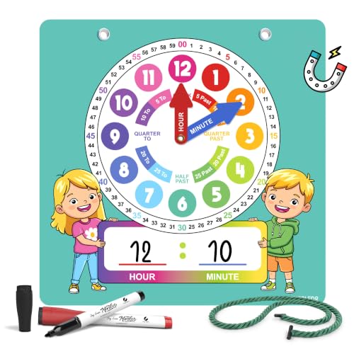 Scribbledo Learning Clock for Kids Magnetic Dry Erase Teaching Clock 13×13 Inches, 2 Markers and Hanging String Included, Practice Telling Time at Home or in the Classroom