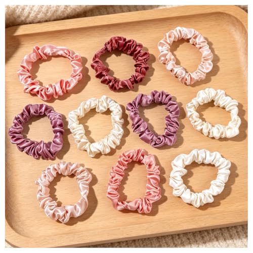 Scrunchies Silk Satin Hair Ties - Small Mini Thin Elestics Ponytail Holder Hair Bands Skinny Scrunchy For Thick Curl Hair No Crease Hair Ties Soft Accessories No Hurt Your Hair for Women and Girls