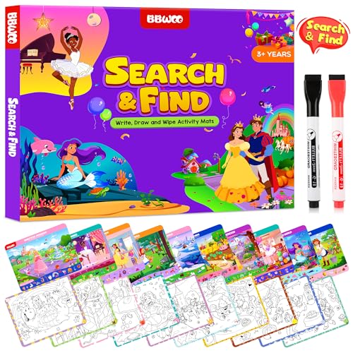 Search and Find Activity Books for Kids Ages 3-5, 2 In 1 Princess Preschool Educational Seek Game Coloring Books, Travel Games Toys for Car Airplane, Road Trip Activities for Kids, Birthday Gifts
