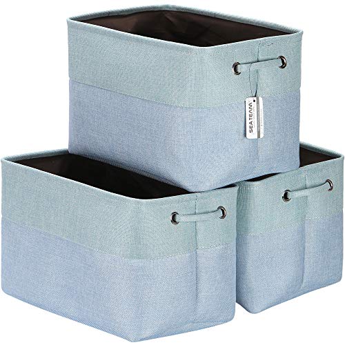 Sea Team 3-Pack Large Storage Basket Set, Trunk Organizer, Clothes Toys Bin, 15 x 10 x 10 Inches, Big Rectangular Canvas Fabric Collapsible Shelf Box with Handles for Kids Room (Babyblue/Mint)