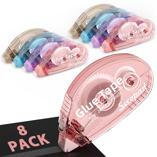 Secopad 8 Pack Scrapbook Tape, Double Sided Tape for Crafts, Adhesive Glue Runner for Scrapbooking Journaling Supplies, Glue Roller for School Office Teacher, 0.3IN x 26FT, Light-Colored Shell