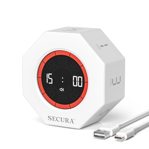 Secura Pomodoro Timer for ADHD & Productivity, Flip Cube Timer with 7 Presets (1/3/5/10/15/30/60 Min), Visual Countdown Progress Bar for Work, Study, Kids & Desk (White)