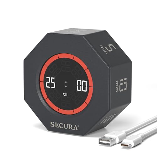 Secura Pomodoro Timer for ADHD & Productivity, Flip Cube Timer with 7 Presets (5/10/15/20/25/50/90 Min), Visual Countdown Progress Bar for Work, Study, Kids & Desk (Dark Gray)