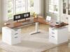 SEDETA L Shaped Electric Standing Desk, 66.9" x 57.1" Height Adjustable Corner Desk with 6 Drawers & Built-in Power Outlet, 3 Memory Presets, 200lbs Capacity, White + Brown