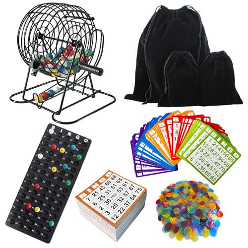 SEETOOOGAMES Deluxe Bingo Game Set - Metal Cage, 50 Bingo Cards, 500 Paper Sheets, 500 Chips, 75 Balls, Plastic Master Board - Great for Large Groups, Family Games Nights Parties (Classic Cage)