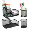 Segarty 4 Pack Mesh Metal Pen Cup Office Desk Organizer, 7.9x3.9x3.7in Pencil Holders 3 Compartment with 3.2x3.8in Round Holders, Space-saving Work Accessory Office Supplies Home Business Organization