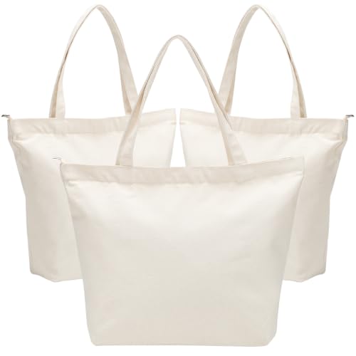 Segarty Canvas Tote Bag 17.7x13.78x5.9in with Zipper, 3 PCS Heavy Duty Shopping Tote Bags, Reusable & Washable Beige Blank Cloth Bags for Grocery & Beach Travel, Lightweight Shopping Totebags for DIY