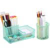 Segarty Mesh Metal Desktop Pencil Organizers 3 Compartment 7.9x3.9x3.7in Pen Holder with Round 3.2x3.8in Cup, 2 Pcs Pen Holders Office School Supplies Convenient & Sturdy for Makeup Brush Sticky Notes