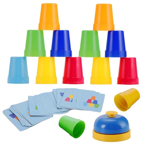 SEISSO Speed Stacking Match Cups Game for Toddlers and Kids, 30 Colored Stacking Cups、54 Pattern Cards & 1 Bell, Montessori Learning Toy for Preschool Boys Girls, Focus Reaction Family Game Age 3+