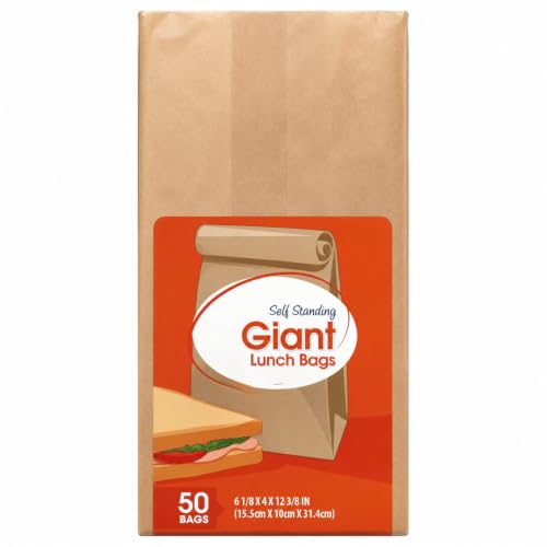 Self Standing Giant Lunch Bags, 50 Count, Large Disposable Storage Bags with Wide Opening, Flat Bottom Design, Stand Up Plastic Bags for Kitchen Organization, Pantry, Household Storage and Packing
