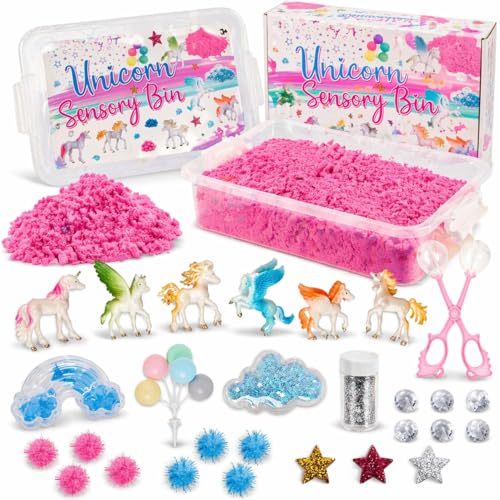 Sensationally OT Unicorn Sensory Sand Bin-38 PCS Set with 2 lb Magic Sand, Sensory Bin for Toddlers & Scooper-Count Sparkly Pom-Poms, Bring Unicorns to Life - Ideal Gift for Kids