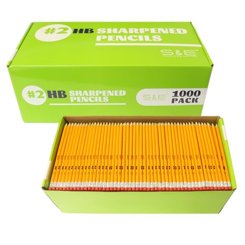 S & E TEACHER'S EDITION 1000 Count Pre-sharpened #2 Pencils with Erasers – Bulk Yellow Woodcase HB Lead Pencils for School Districts, Testing Centers, Churches & Offices – No.2 Pencil Case Pack