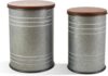 Set of 2 Rustic Farmhouse Storage Stools, Galvanized Metal Barrel End Tables with Round Wooden Lid, Nestable Accent Side Ottoman for Living Room Bedroom Decor