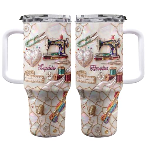 Sewing And Handicraft Mosaic, Personalized 40oz Tumbler With Straw Custom Vacuum Insulated Travel Cup Crafters Quilters Drinkware Present Women Mom Grandma Hot Cold Beverage Drinking Container
