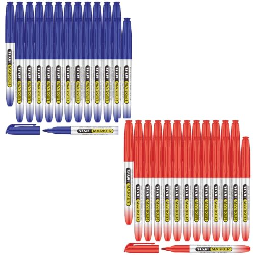 SFAIH Blue + Red Permanent Markers Bulk - 1s Quick Dry, Fine Point Permanent Markers for Paper Plastic Glass Metal Wood, Waterproof, Kitchen Classroom Office, Doodling, Marking, Non-Fading