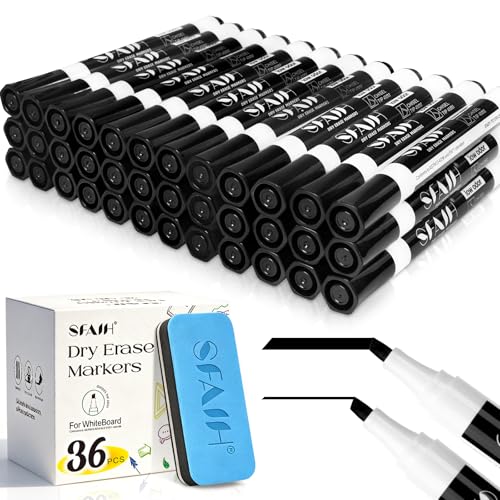 SFAIH Dry Erase Markers Chisel Tip with Magnetic Whiteboard Eraser, 36 Bulk Pack Black White Board Markers for Teachers, Versatile Lines, 1s Quickly Dry, Essential Supplies for Office Teacher