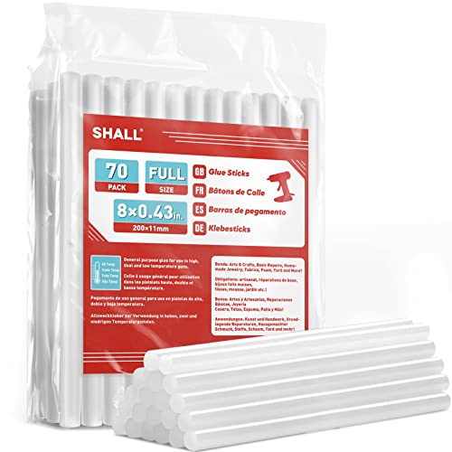 SHALL Full Size Hot Glue Sticks, 0.43” Dia x 8” Long, 70-Pack Clear Hot Melt Glue Gun Sticks for All-Temp Glue Guns, Multipurpose for Kids Adults DIY Art Craft Sealing Repairing Festival Decoration