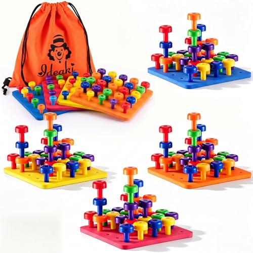 Shappy Toddler Peg Board Kids Montessori Colorful Stackable Toys 120 Pcs Pegs with 4 Foam Board 4 Learning Educational Toy for Preschool Color Recognition Counting Skill (Red,Yellow,Blue,Orange)