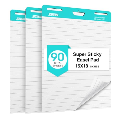 SHARBDA Lined Sticky Easel Pad, 15 * 18 inch,Self-Stick Flip Chart Paper, Super Adhesive & Bleed-Resistant,Micro-Perforated Tear,Classroom Teacher Office Presentation Pads,3 Pads/Pack,90Sheets