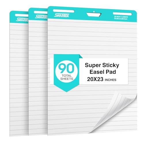 SHARBDA Lined Sticky Easel Pad, 20 * 23 inch,Self-Stick Flip Chart Paper, Super Adhesive & Bleed-Resistant,Micro-Perforated Tear,Classroom Teacher Office Presentation Pads,3 Pads/Pack,90Sheets