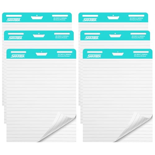 SHARBDA Lined Sticky Easel Pad, 25 * 30 inch,Self-Stick Flip Chart Paper, Super Adhesive & Bleed-Resistant,Micro-Perforated Tear,Classroom Teacher Office Presentation Pads,6 Pads/Pack,180Sheets