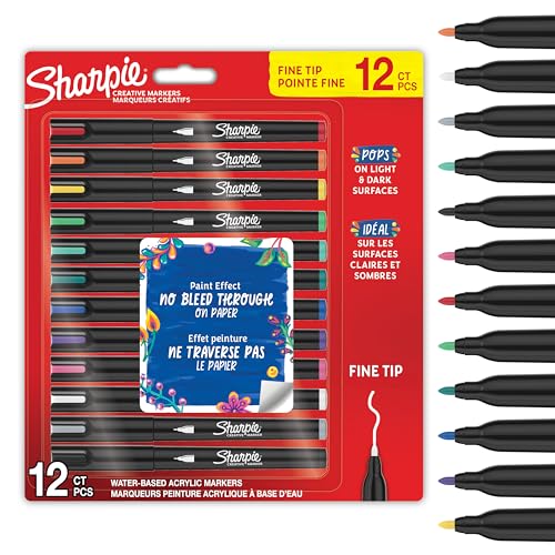 Sharpie Creative Marker Acrylic Paint Pens | Water-Based Paint Markers | No-Bleed Ink Writes on Most Surfaces | Fine Tip | Crafting & Art Supplies | Assorted Colours | 12 Count