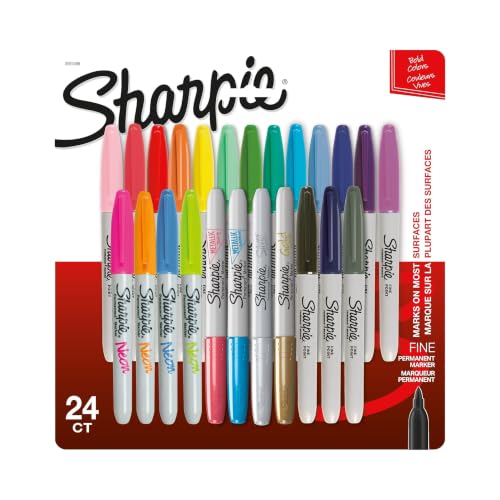 Sharpie Permanent Markers, Fine Point, Assorted Colors, 24/Pack