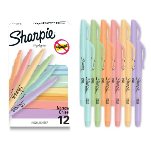 Sharpie Pocket Highlighters, Mild Pastel Colors, Assorted, Chisel Tip, 12 Count - School, Home, and Office Use, Teacher Supplies
