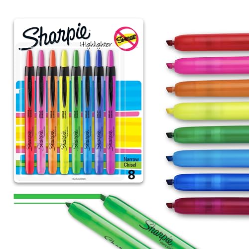 Sharpie Retractable Highlighters, Chisel Tip Highlighters, Assorted Colors, Essential Teacher & Back to School Supplies, Smear Resistant, 8-Pack