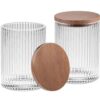 SheeChung Qtip Holder - 8.5oz Glass Apothecary Jar, Bathroom Vanity Storage Organizer Set for Cotton Swabs, Pads, Floss Picks, Small Containers for Makeup Storage (2 Pack,Dark Wood Lid)