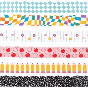 Sherr 6 Pcs 198ft Back to School Bulletin Board Borders Supplies Checked Composition Notebook Pencil Classroom Decor Stationery Rolled Border Trim for Classroom Chalkboard Office Wall(Bright)